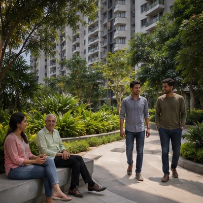 Apartment community courtyard at golden hour with families and residents