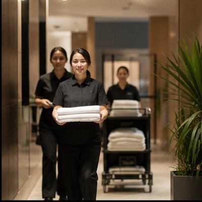 Housekeeping staff arriving at community