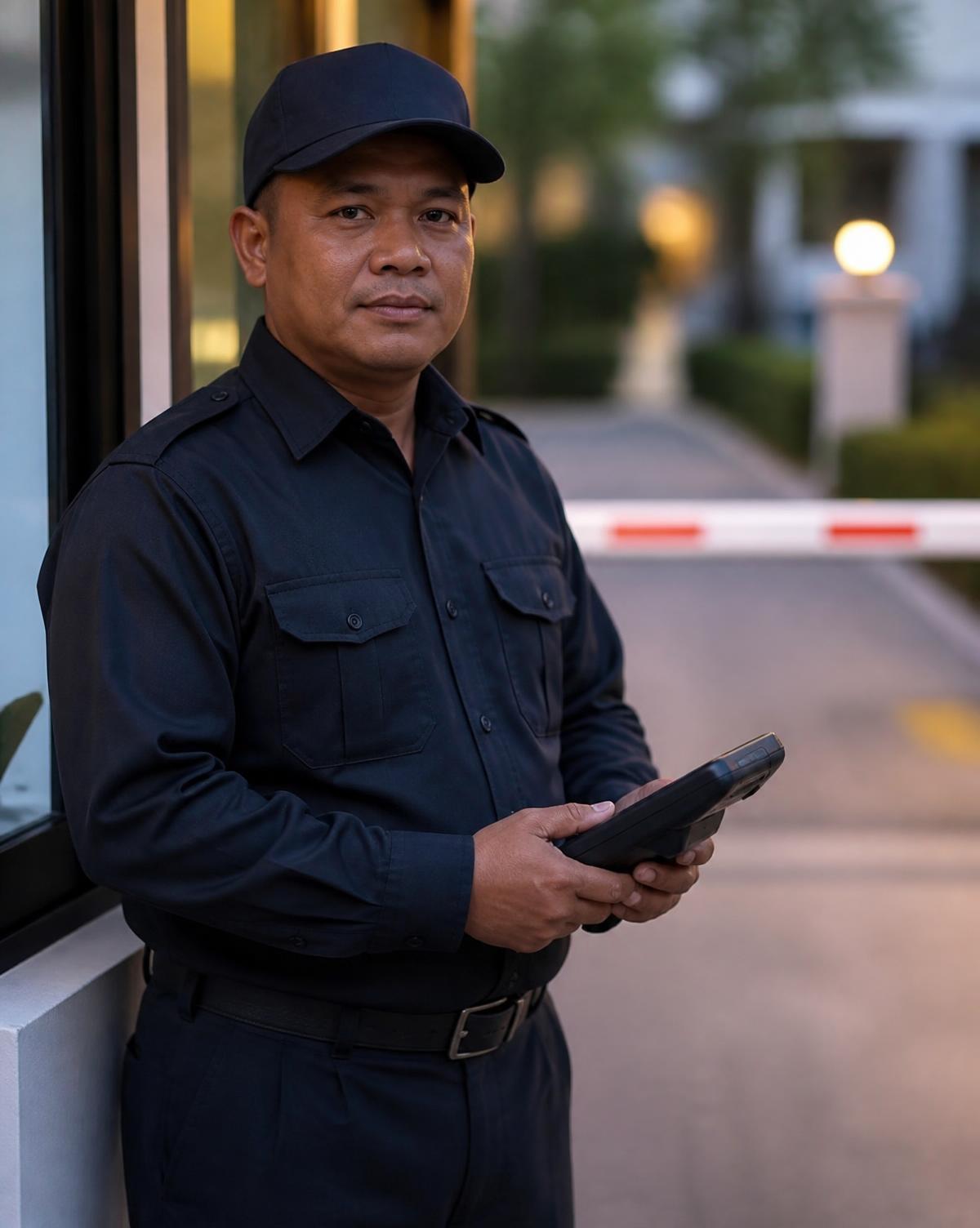 Security officer verifying a visitor pass